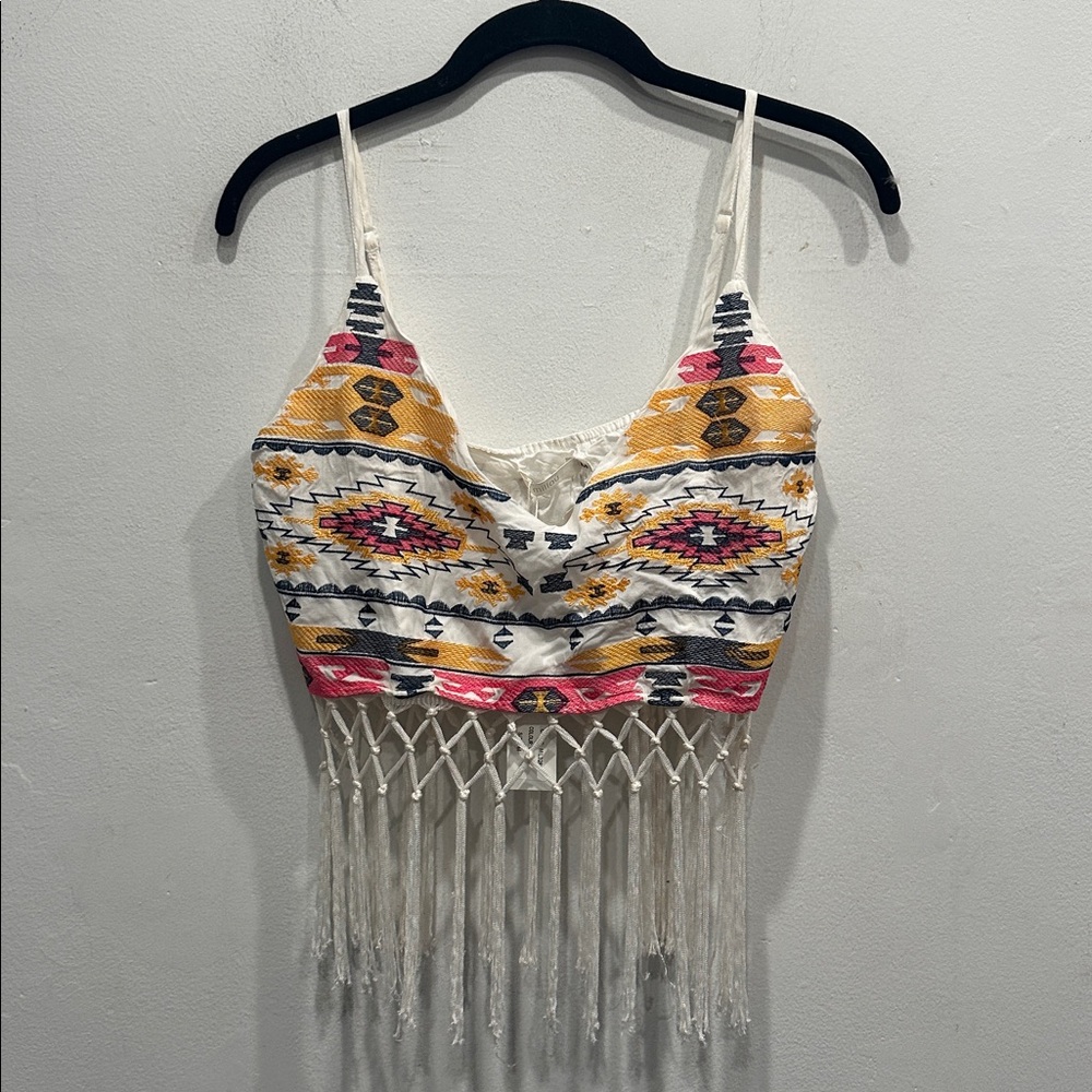 Millau Multicolor Aztec Fringe Crop Top colorful bohemian boho medium
